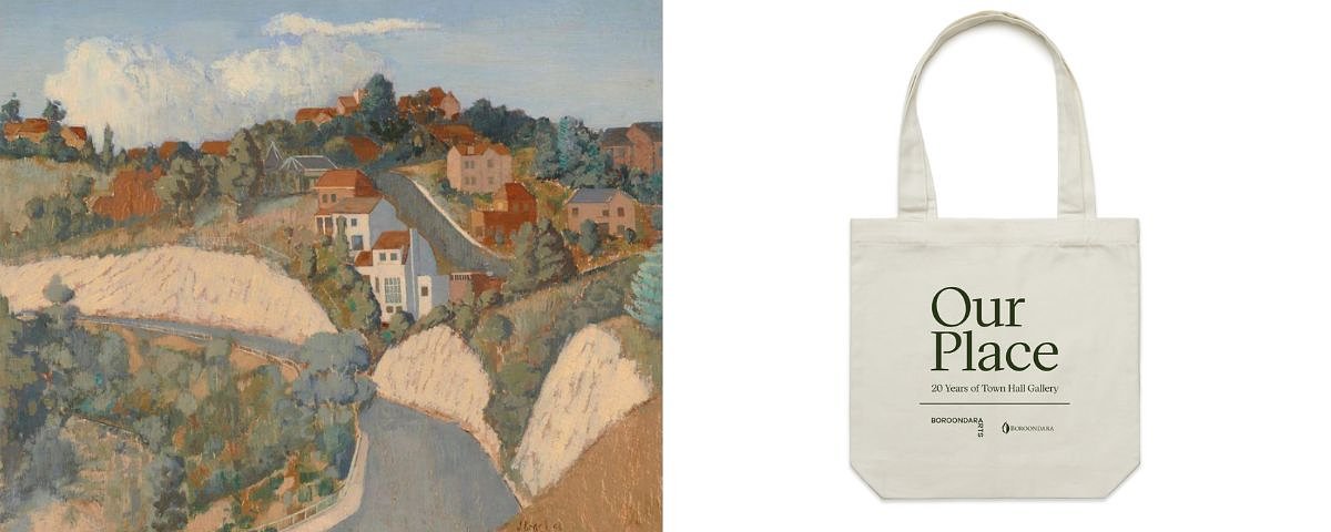 Canvas tote bag celebrating the exhibition Our Place 20 Years of Town Hall Gallery